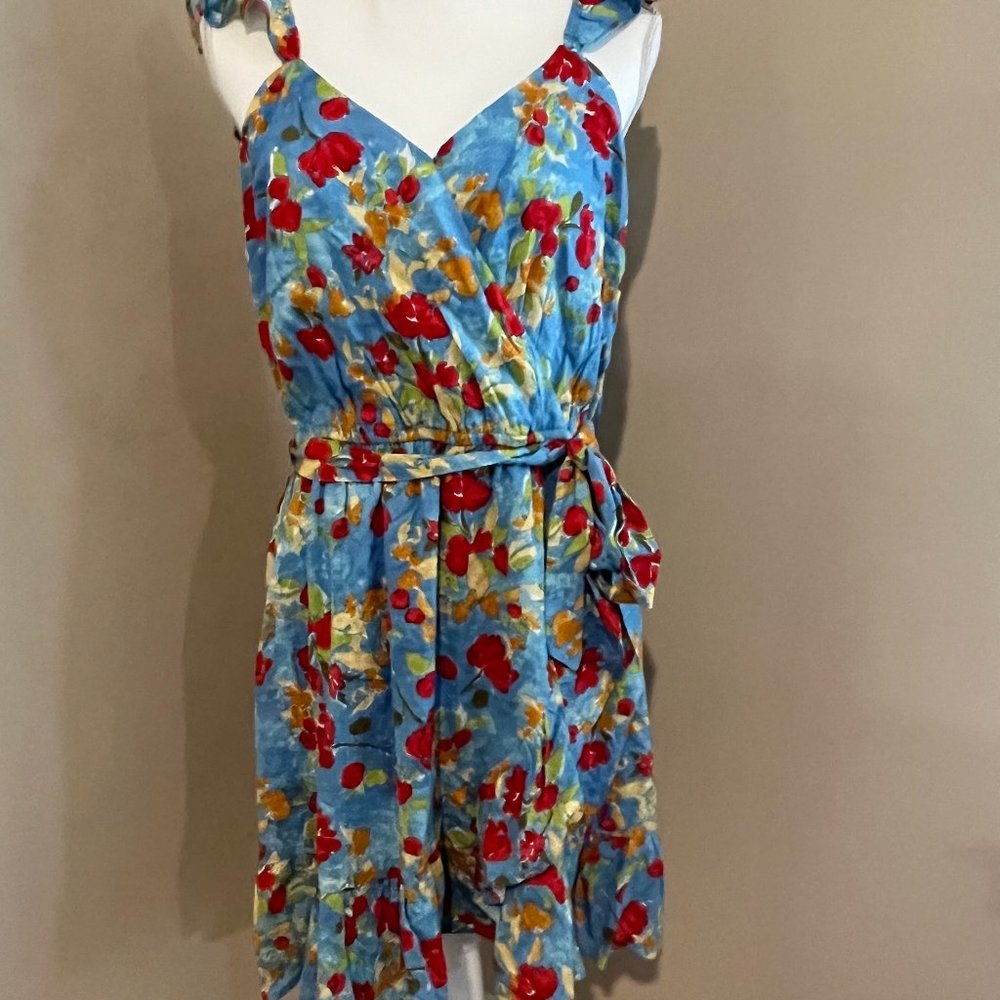 LC LAUREN CONRAD floral WRAP DRESS sleeveless BELT blue SIZE xxl - Picture 6 of 13